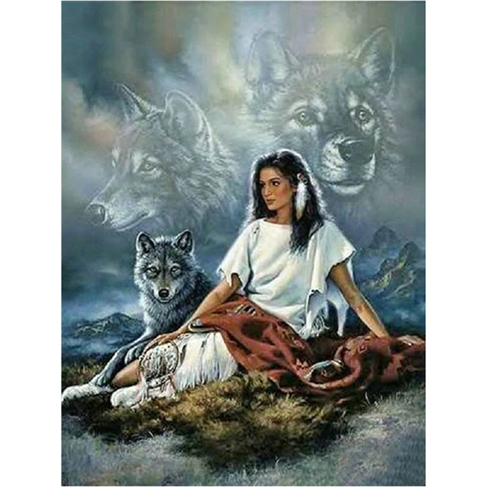 

Indian Woman Wolf Animal DIY 11CT Cross Stitch Embroidery Kits Craft Needlework Set Cotton Thread Printed Canvas Wholesale