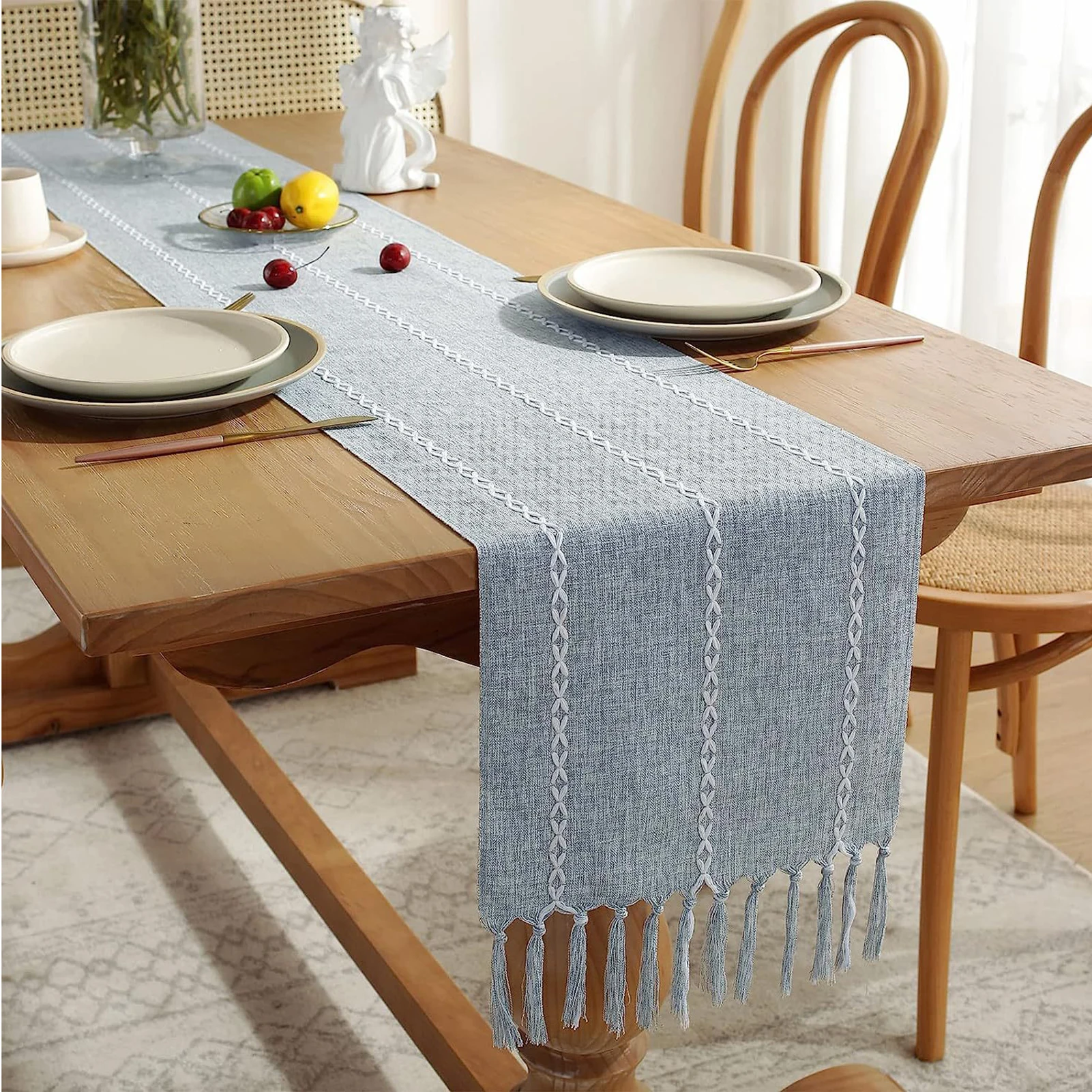 Chassic Rustic Farmhouse Style Linen Table Runner,Boho Handmade Tassel Embroidery Table Decoration Accessories for Wedding Par