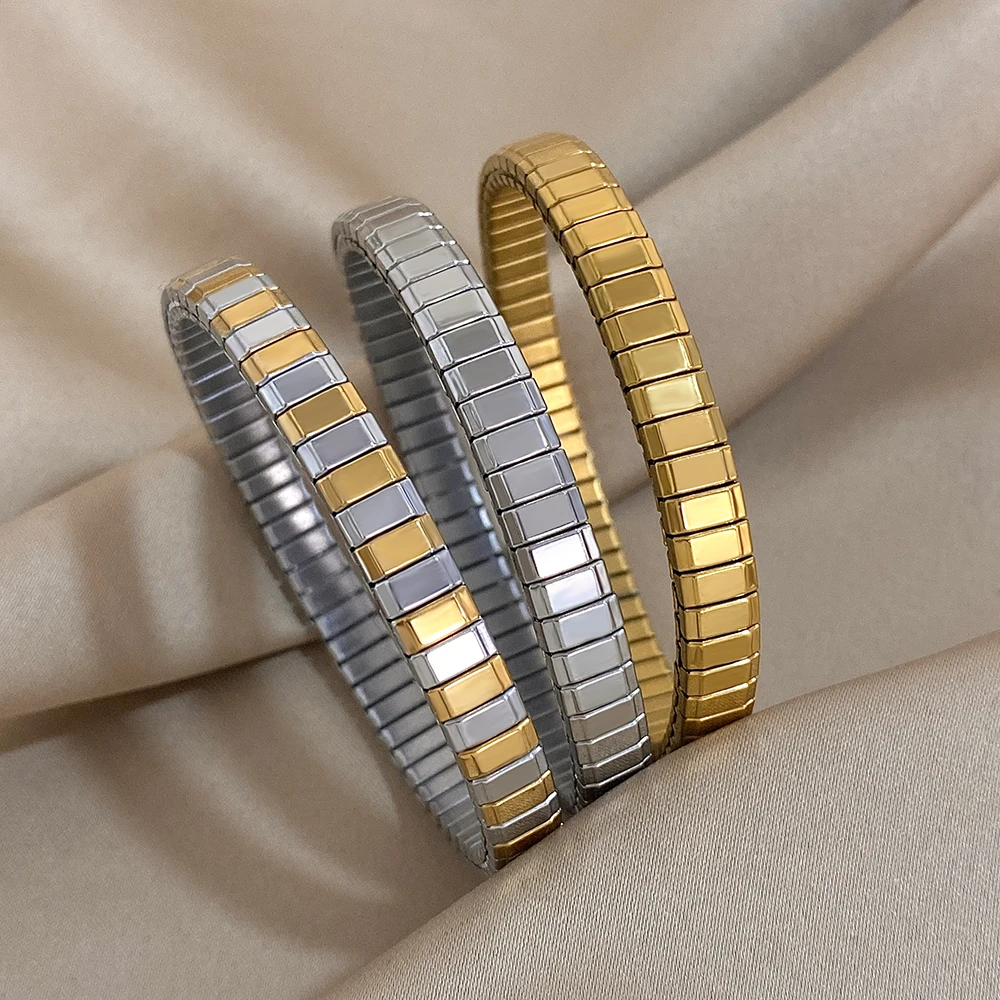 Stainless Steel Elastic Watchband Bracelet Vintage Rectangle Bangle for Women Simple Classic Bracelet Adjustable Wrist Jewelry