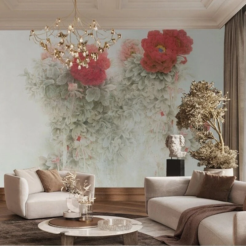 High-end light luxury red flower light color background decoration picture TV luxury home decoration background wall