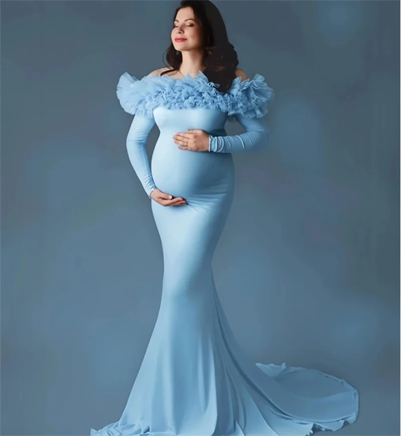 

Light Blue Pregnant Women Prom Dress Off Shoulder Full Sleeves Ruffles Maternity Bridal Robe Party Evening Gown Customized