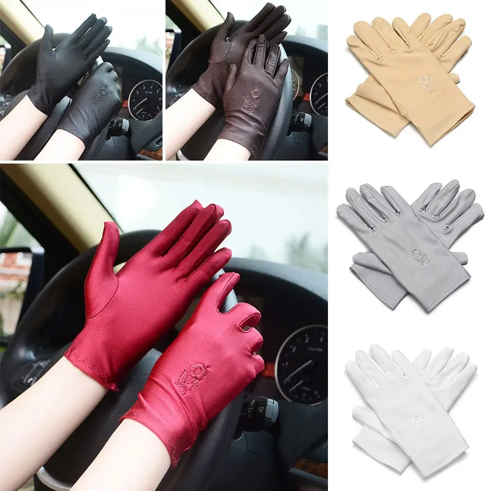 

1 pair Women Thin Elastic Embroidered Driving Gloves Summer Mitten Sun Protection Gloves Sunscreen Mittens