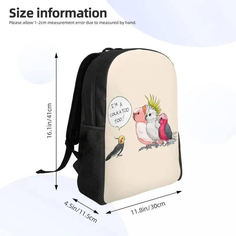 Mochilas personalizadas cacatua para homens e mulheres, mochila cockatiel engraçada, mochila casual para faculdade, sacos de papagaio pássaros