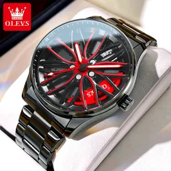 OLEVS Quartz Watch for Men 360 ° Rotary Designed Stainless Steel Strap Sport Car Rim Wheel Hub Skeleton Waterproof Wristwatch