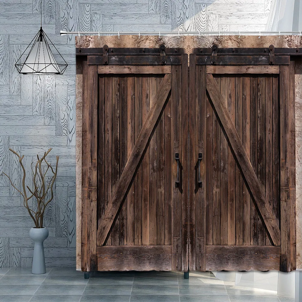 

Old Wooden Door Shower Curtain Farm Barn Door Rural FarmHouse Decoration Polyester Fabric Bath Curtain Bathroom Accessories Set