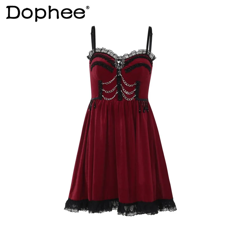 

French Retro Elegant Lady Lolita Strap Dress Red Velvet Lace High Waist Sexy Gothic Style JSK Dress