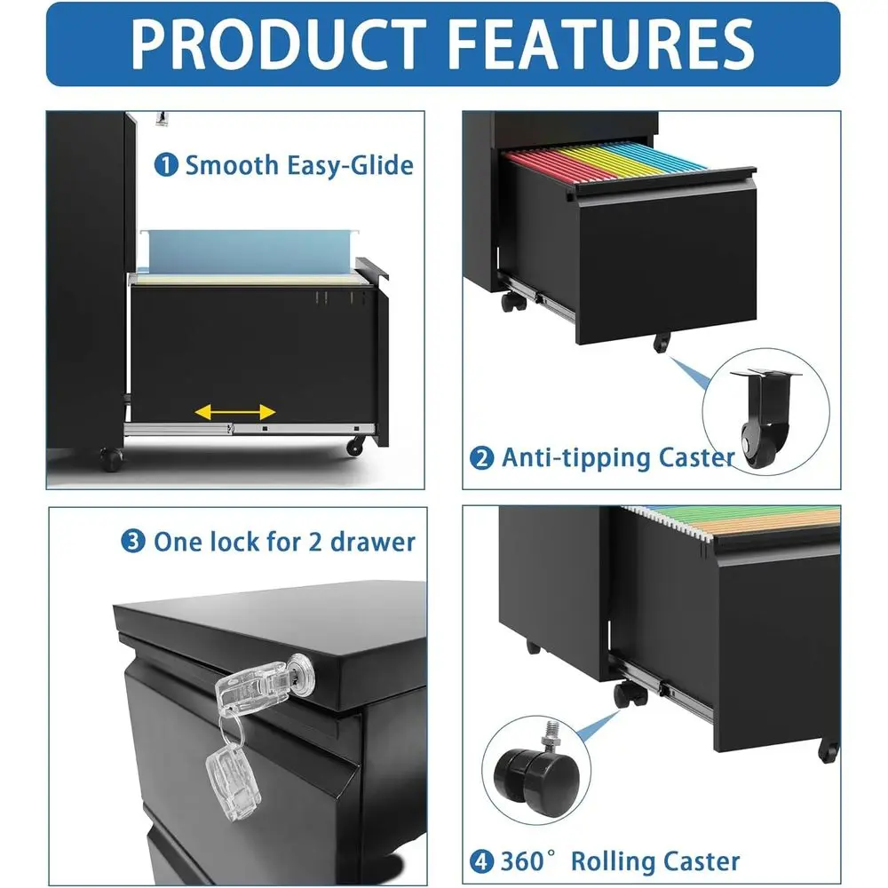 خزانة تخزين مكتبية معدنية متنقلة بعجلات، متدحرجة تحت المكتب، مناسبة لملفات القانونية/الحروف