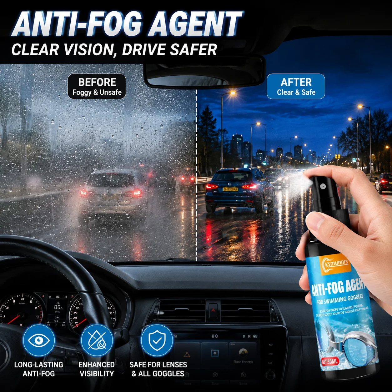 Anti-Fog Rain Spray for Cars and Motorcycles, Defogger for Windshields, Mirrors, Helmet Visors and Bathroom Glass