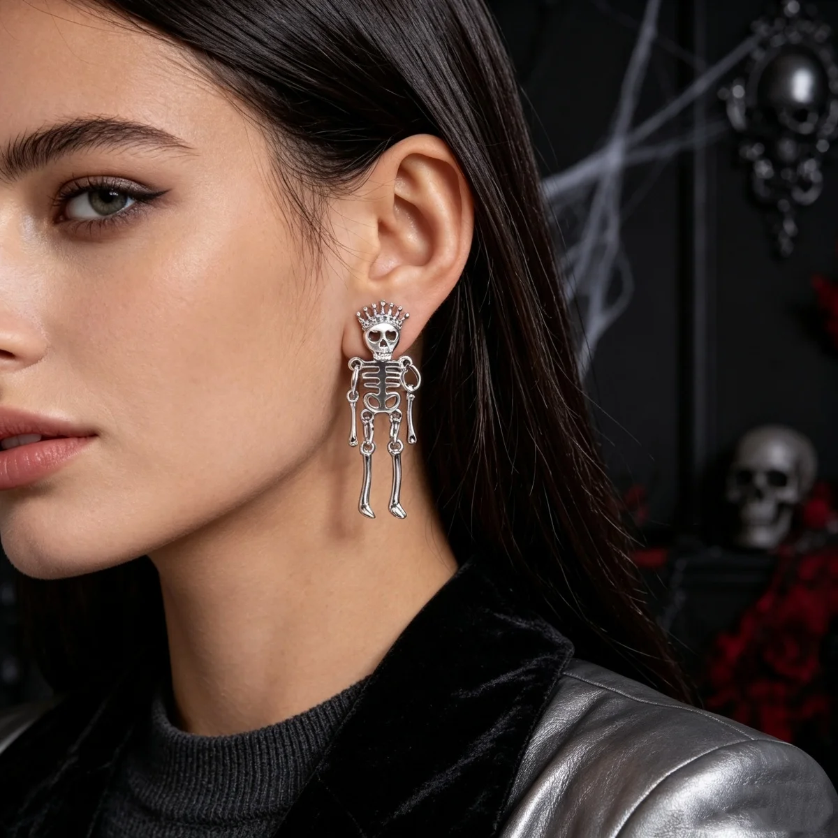 Trendige Gothic Ohrstecker mit hohlen Herz-Augen-Totenkopf-Motiven für Damen und Herren, Halloween Punk Skelett Cosplay Party Ohrringe, zierlicher Schmuck – Detail 16