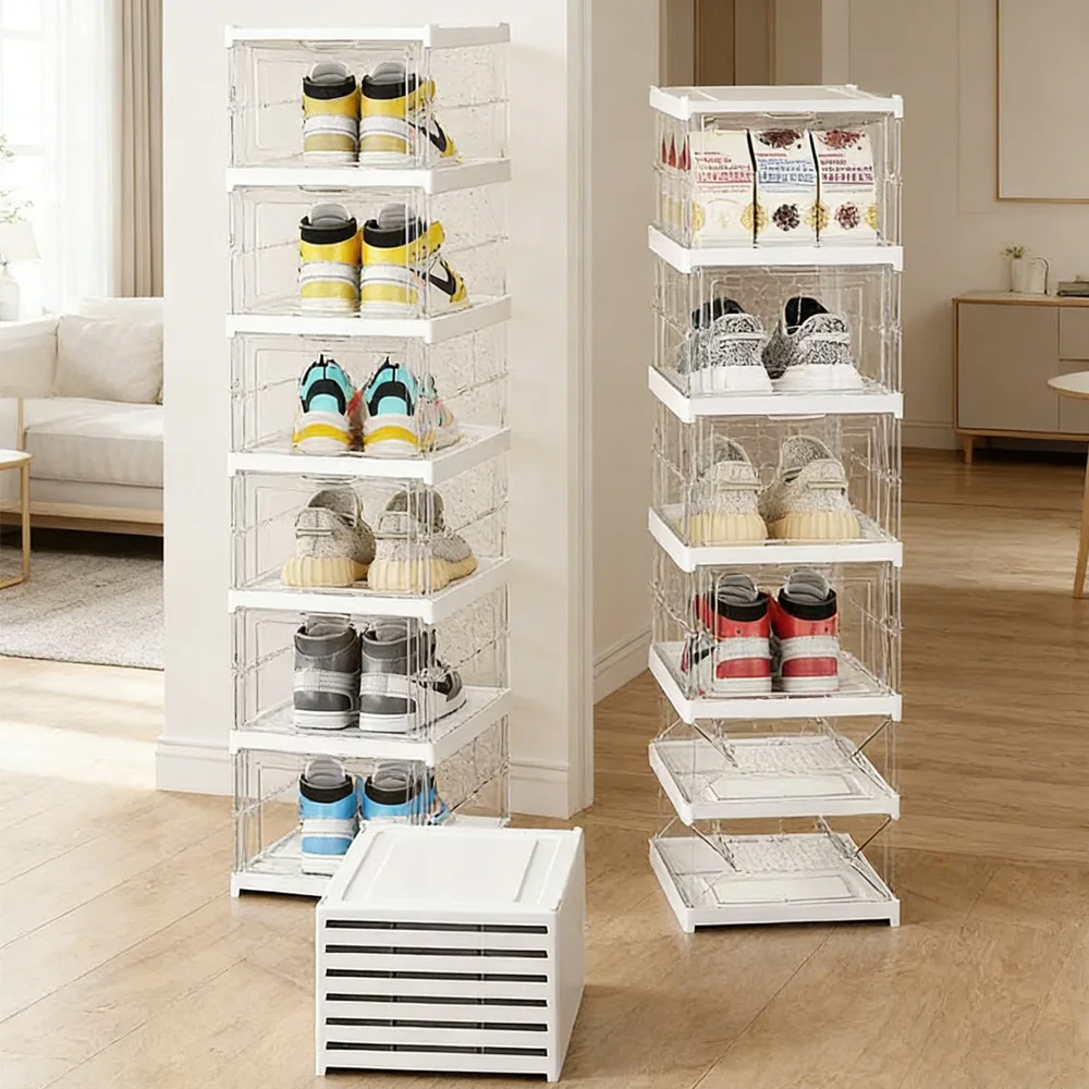 

No Installation Foldable Shoe Storage Box 3/1 Layer Clear Dustproof Multi-purpose Bin for Snacks & Books