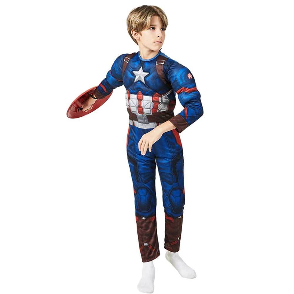 Captain America Boys Parents Cosplay Costume Jumpsuits Muscular Strong Ripped Body Shape Movie Character Role Play Clothes