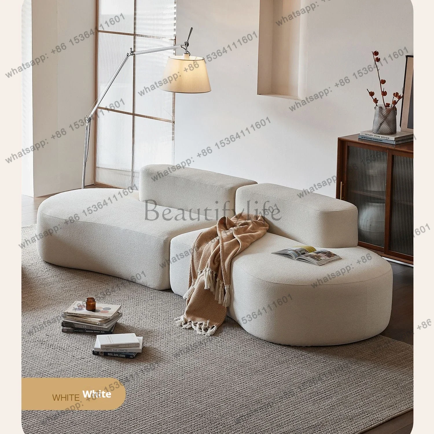 FGFabric Sofa, Cashew Shape Compression Couch with High-Resilience Foam, Velvet Upholstery, Non-Deformation, Roll-Pack Design
