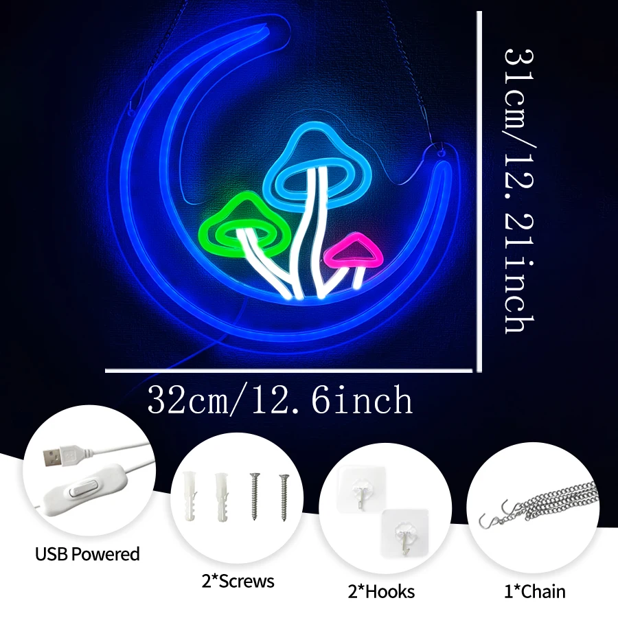 Moon Mushroom Neon Sign USB Powered LED Light Up Wall Decor Sign for Girls Room Living Room Home Bar Party Retail Shop Gift ﻿