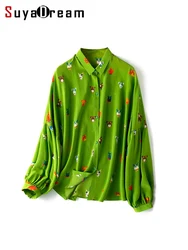 SuyaDream Woman Printed Shirts 100%Mulberry Silk Turn Down Collar Lantern Sleeves Blouses 2023 Spring Summer Green Top