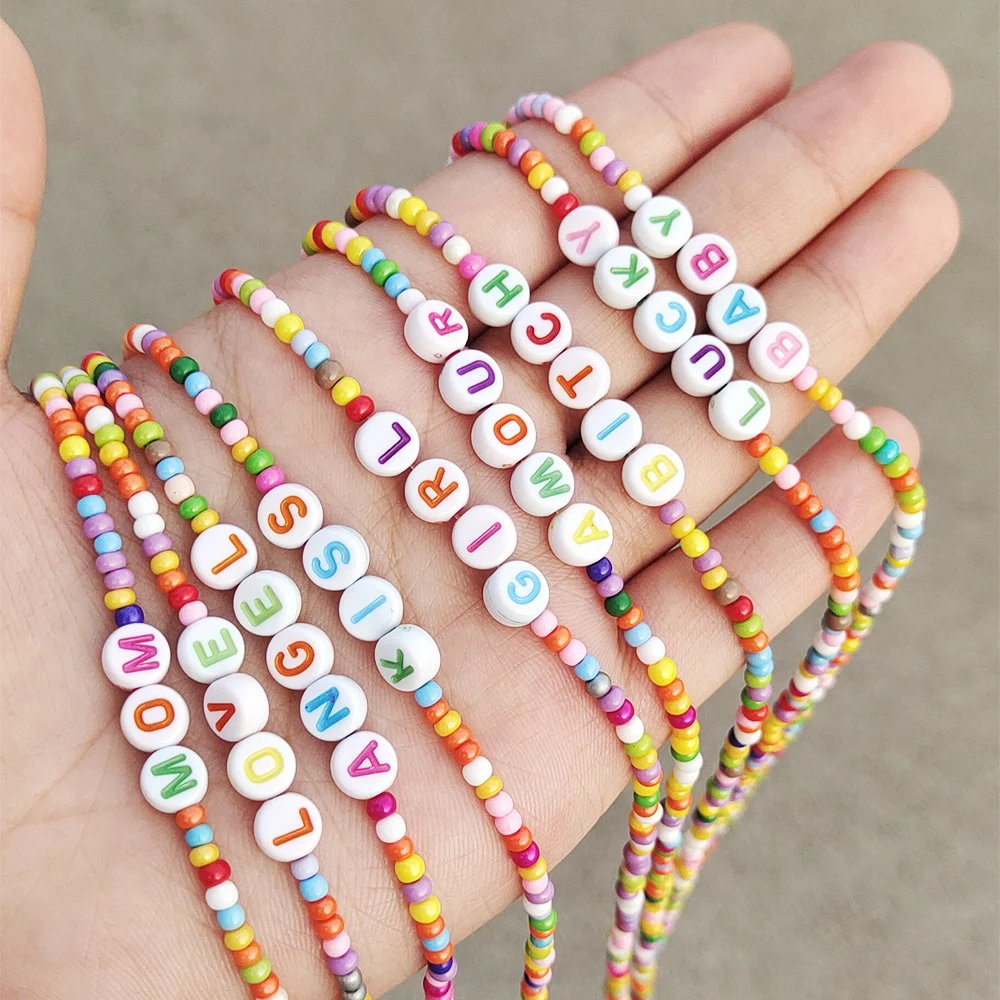 ZX Boho Handmade Colorful Beaded Chain Chokers for Women Letter Baby Love Angel Beads DIY Short Necklace Wholesale Jewelry Gifts