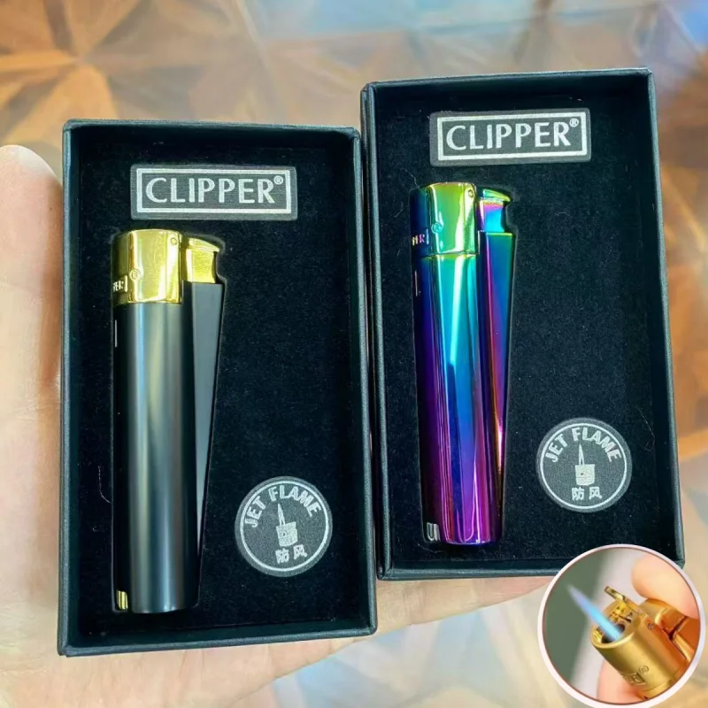 CLIPPER Metall-Butan-Gas-Feuerzeug, winddicht, gerade, tiefblaue Flamme mit Staubkappe, Geschenkbox, Feuerzeuge, Raucherzubehör, Gadgets