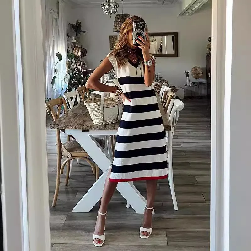 Vestido 2024 nuevo traje de verano a rayas con cuello en V vestido suelto informal con hendidura en la dobladillo