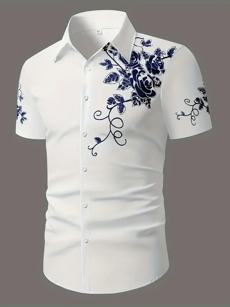 

Stylish Gold Flower Print Black Shirt Men Spring New Slim Fit Short Sleeve Men Dress Shirts Party Casual Male Social Shirt