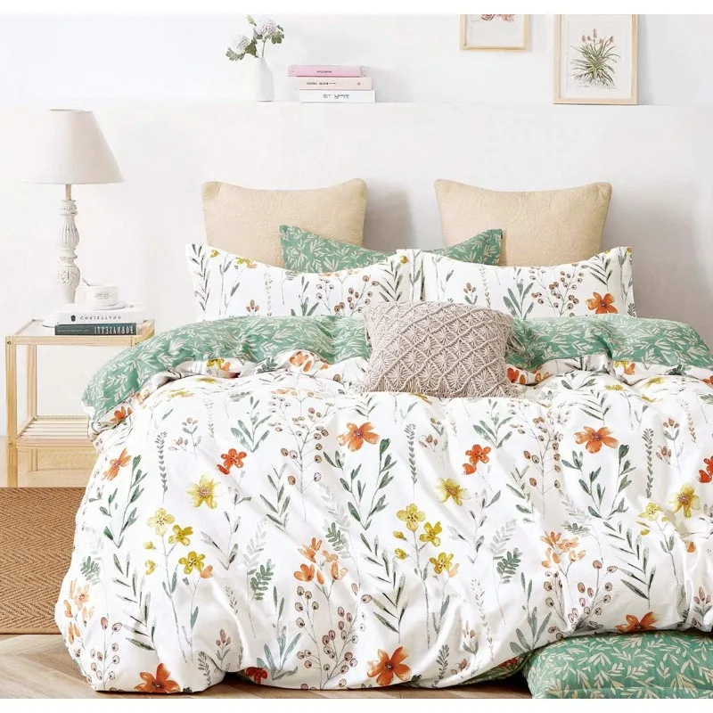 Duvet Cover, Pure Cotton 3-piece Bedding Set, Yellow Flowers and Green Branches Printed on The White Reversible Comforter Cover