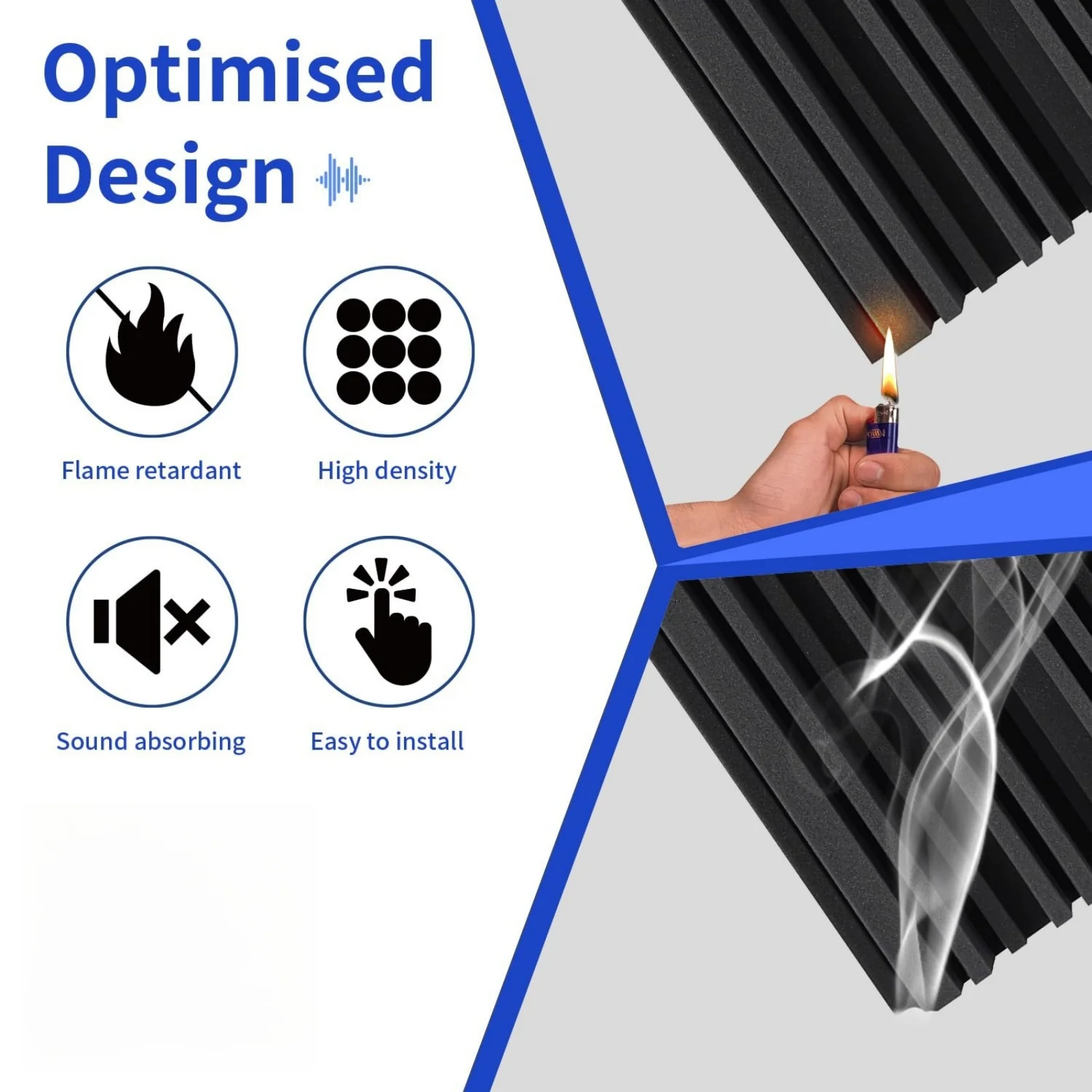 10 Piece 300x300mm 5cm Thick High-Density Sound-Absorbing Foam Board Groove Black Modern Bedroom Gym with 50 Pieces of Adhesive