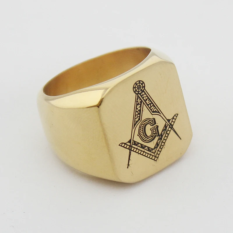 Heavy Men\'s Freemason Gold Color High Polished Signet Solid 316L Stainless Steel Masonic Ring