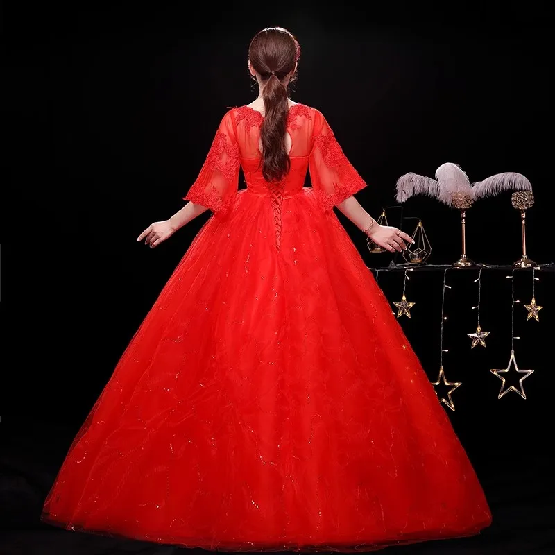 It's Yiiya Red Wedding Dress Embroidery V-neck Half Sleeves Lace up Princess Floor-length Pregnant Woman Bride Ball Gowns XN004