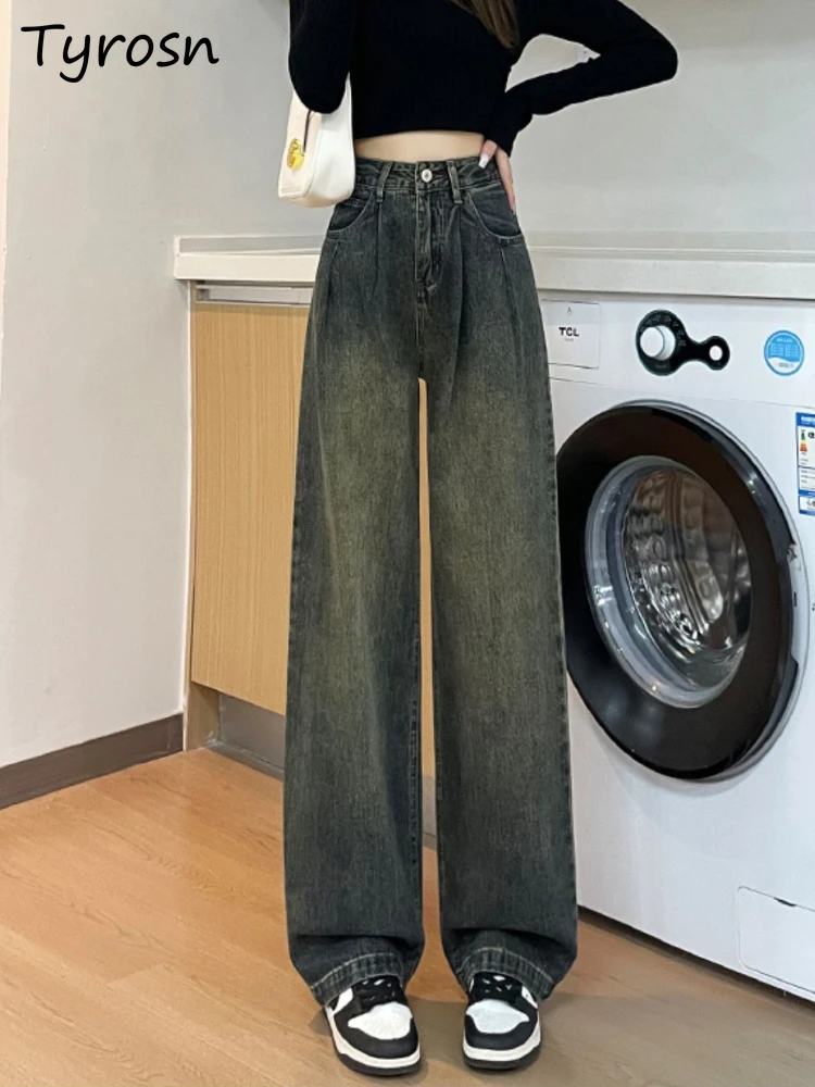 

Jeans Women High Waist Wide Leg Straight American Style Street Loose Slender Fashion Hipster All-match Autumn Denim Trousers