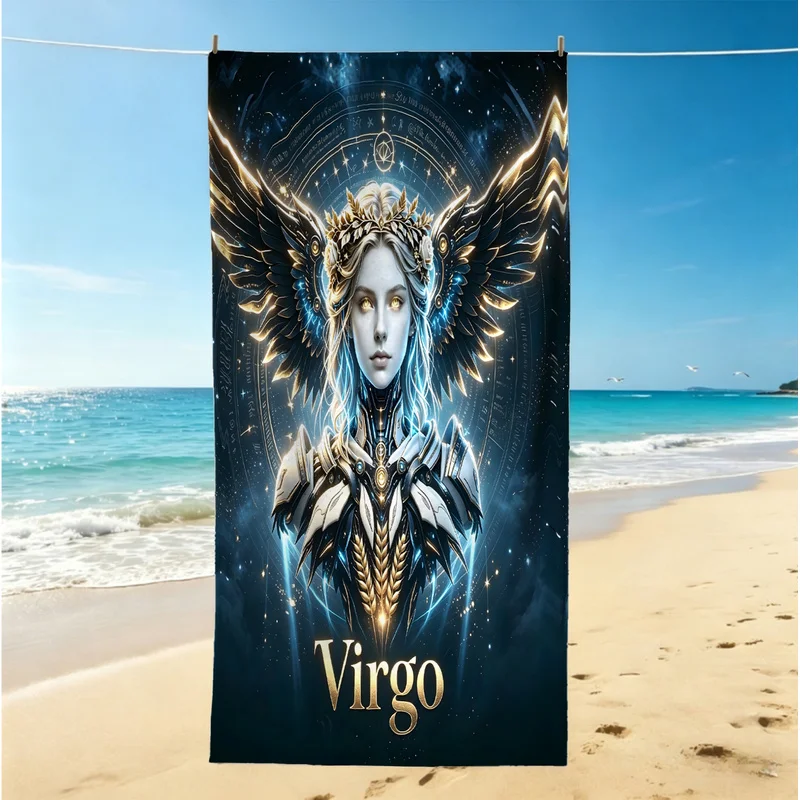 1Pc Sci‑fi Zodiac Sign Beach Towel, Polyester, Multi‑size, Super Absorbent, Mechanical Zodiac Galaxy Background Print