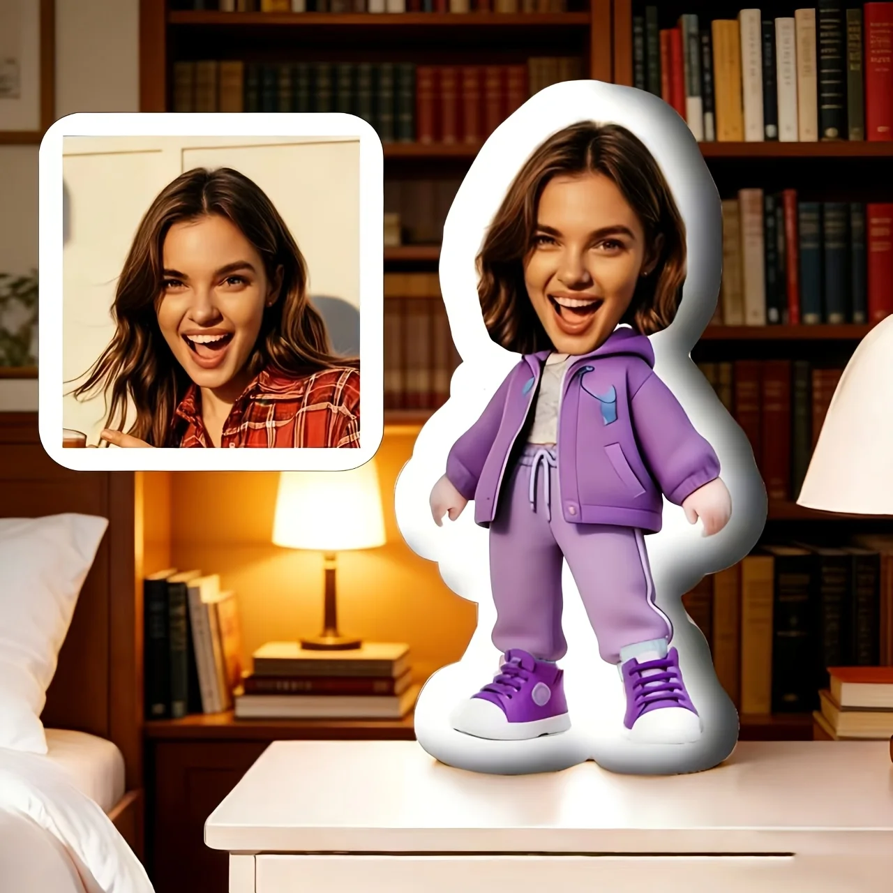 A Customizable Purple Human-shaped Photo Print Pillow, a Personalized Gift for Valentine's Day, Halloween, Christmas, and Thanks