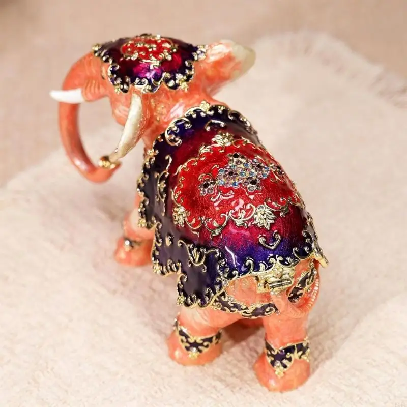 Sturdy Metal Elephant Jewelry Box With Carving And Diamonds Accent E0BF