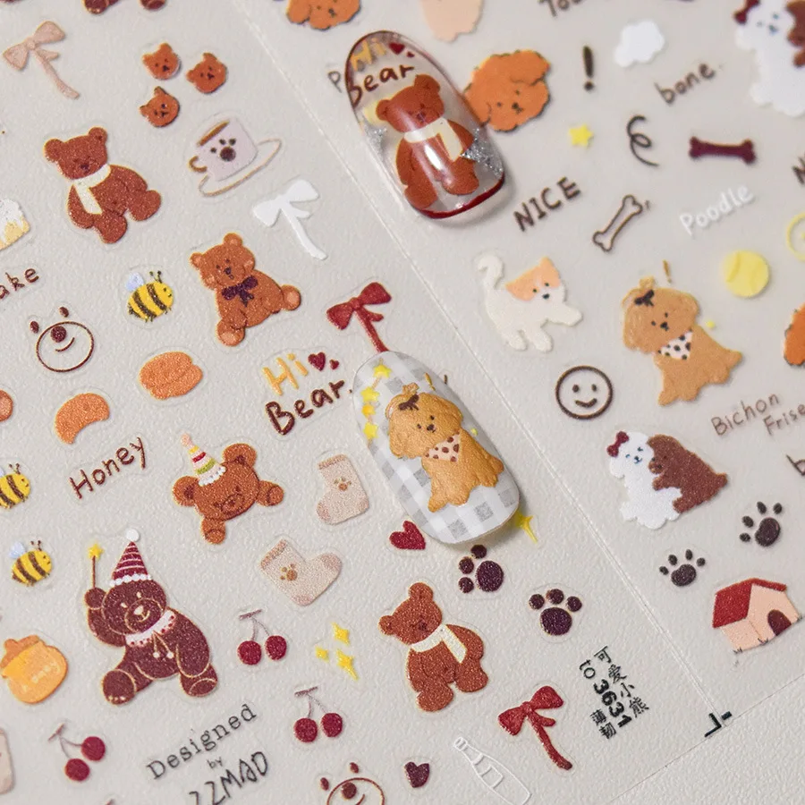 Cute Brown Bear Dog High Quality Nail Stickers Nail Art Decal Design Manicure Tool T-3628