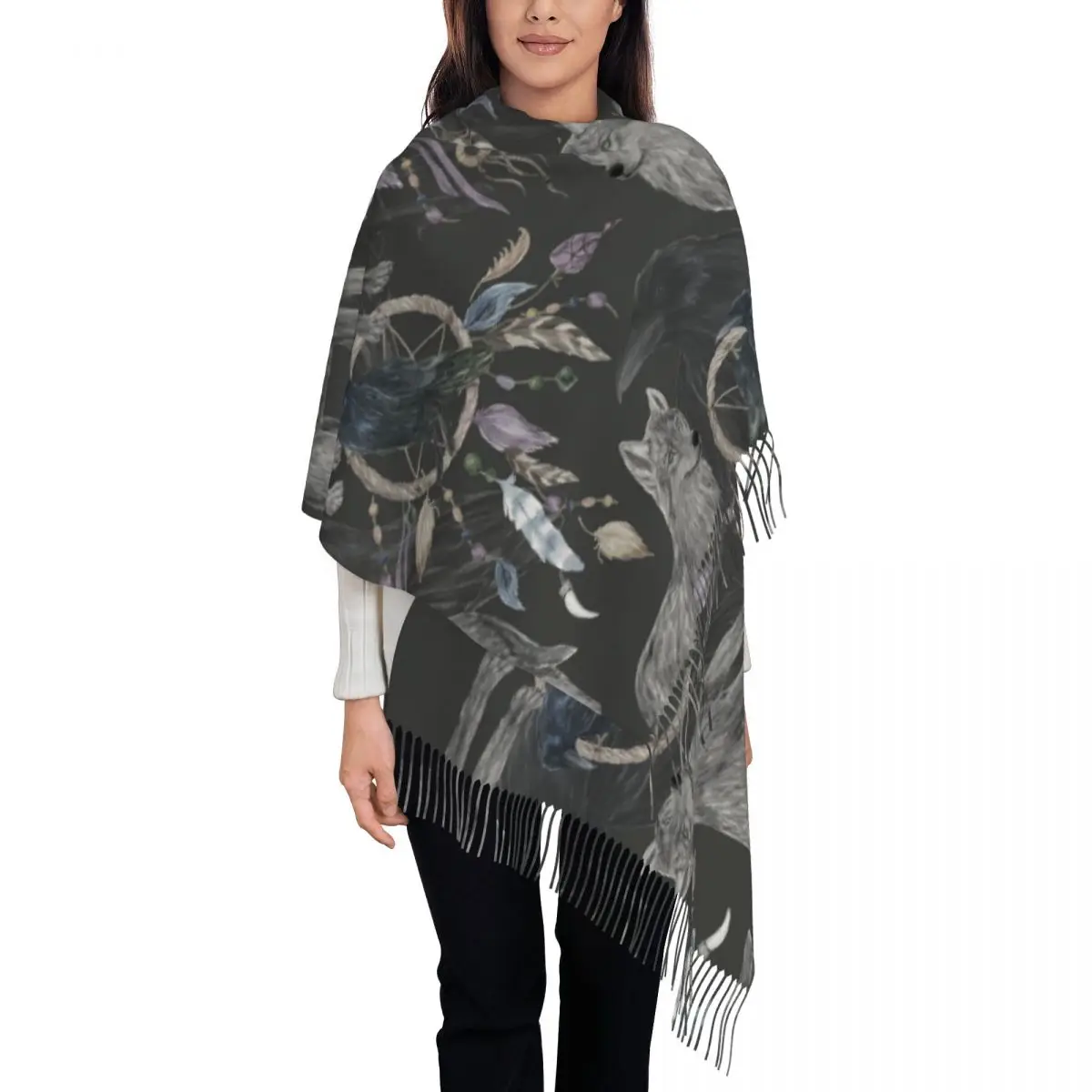 

New Women Watercolor Painting Black Raven Wolf Scarf Winter Shawls Thin Wrap Lady Tassel Warm Scarf Hairy Bufanda