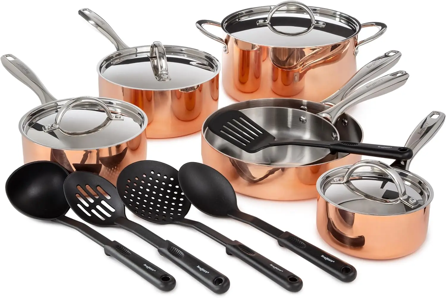 Berghoff Vintage 15Pc Tri-Ply Copper 18/10 Stainless Steel Cookware Set With Matching Lids, Nylon Utensil Set, Polished, Long