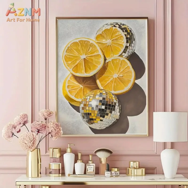 AZNM Trendy Disco Ball & Lemon Slices Canvas Wall Art Print, Retro Funky Home Decor, No Frame