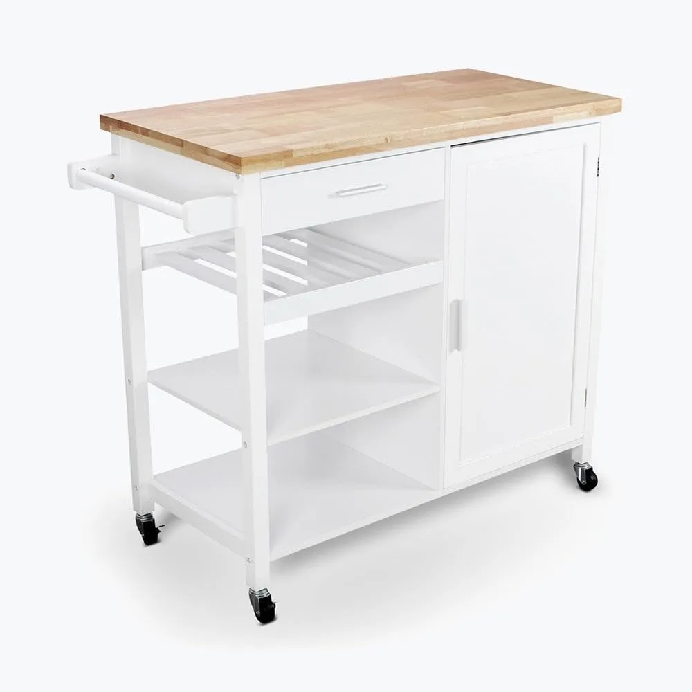 Modern Rolling Kitchen Island Utility Cart with a Drawer, Storage Cabinet, Handle Towel Rack, Rubber Wood Top, and Caster Wheels