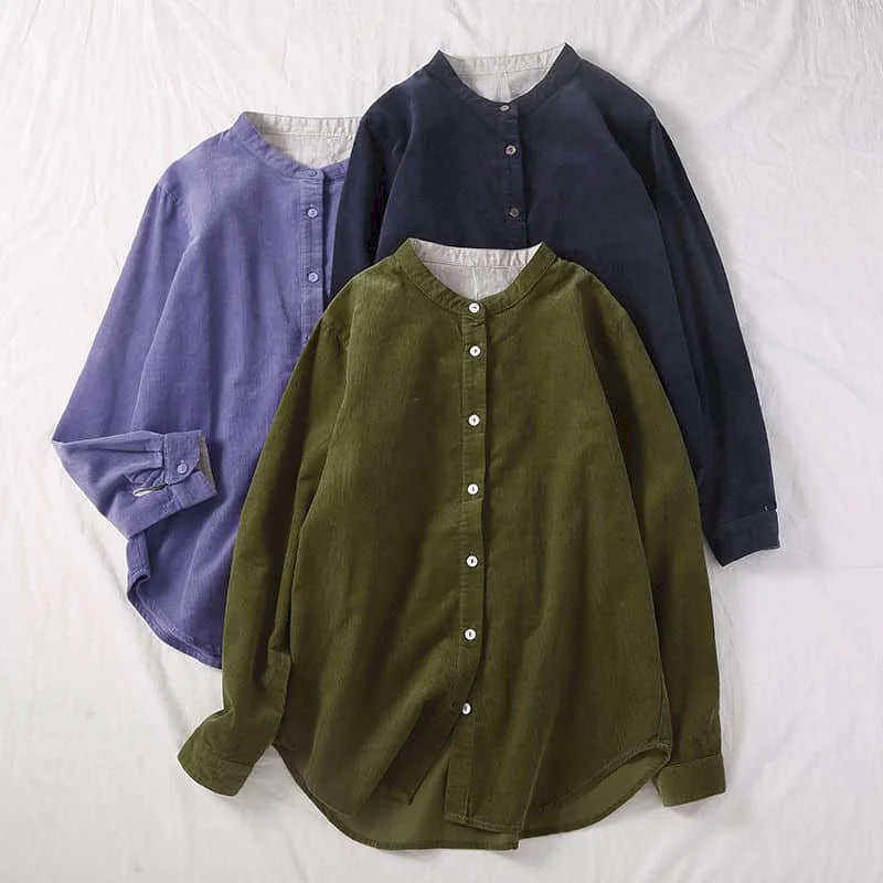 

Corduroy Shirts for Women O-neck Oversized Solid Cardigans Long Sleeve Casual Korean Fashion Single Breasted Blouse Women Tops