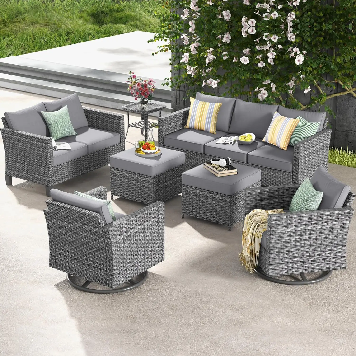 

Outdoor Wicker Rattan Sofa Couch with Ottomans and Comfy Cushions, All Weather High Back Conversation Set for Backyard Garden