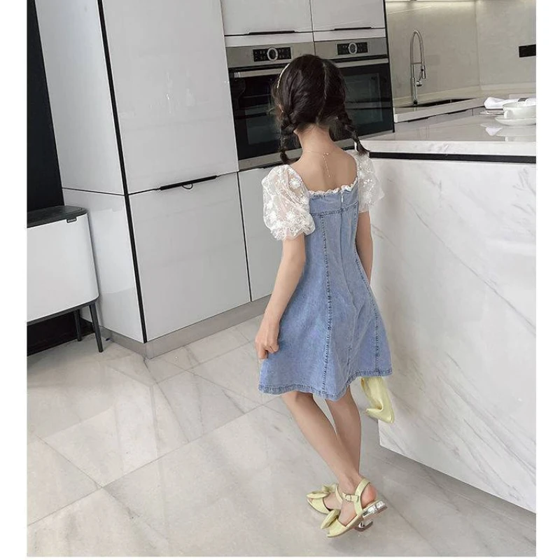 Girls' Summer 2024 Girl's Stylish Lace Bubble Short Sleeved Princess Denim Skirt Kids Clothes Flower Girl Dresses for Weddings