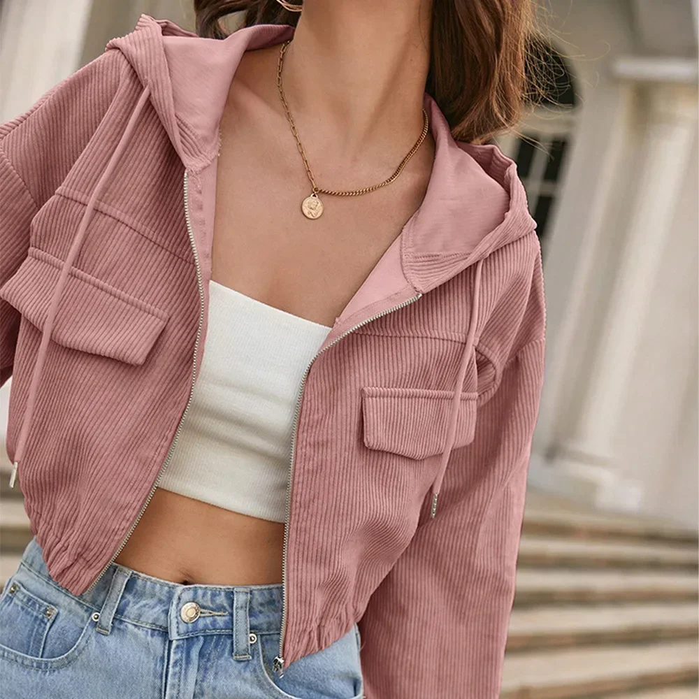 

Женская куртка, весна-осень, однотонная короткая куртка на молнии с капюшоном, женская свободная куртка с карманами для отдыха, куртка с длинными рукавами, верхняя одежда