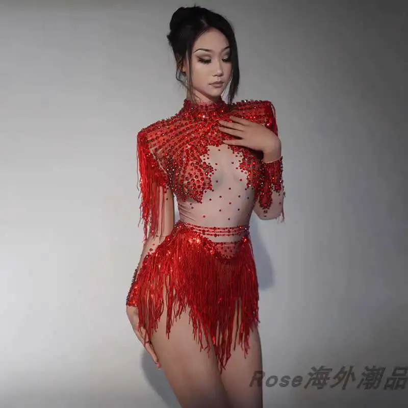 

Sparkling Red Fringe High-Slit Latin Dance Costume For Female Singers, Stage Performance Outfit, Sexy Bar Disco Jumpsuit