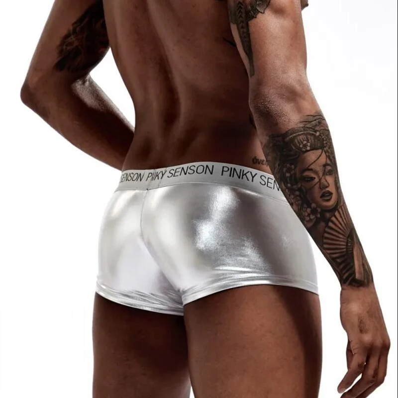 Men Boxers Shorts Bright Gold Faux Leather Male Panties Performance Underwear U Convex Pouch Homme Boxers