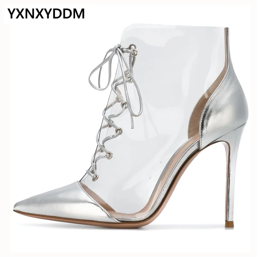 

Silver PU Leather Transparent PVC Short Boots for Women Pointed Toe High Heel Lace up Heeled Ankle Booties Large Size 8.5-9.5cm