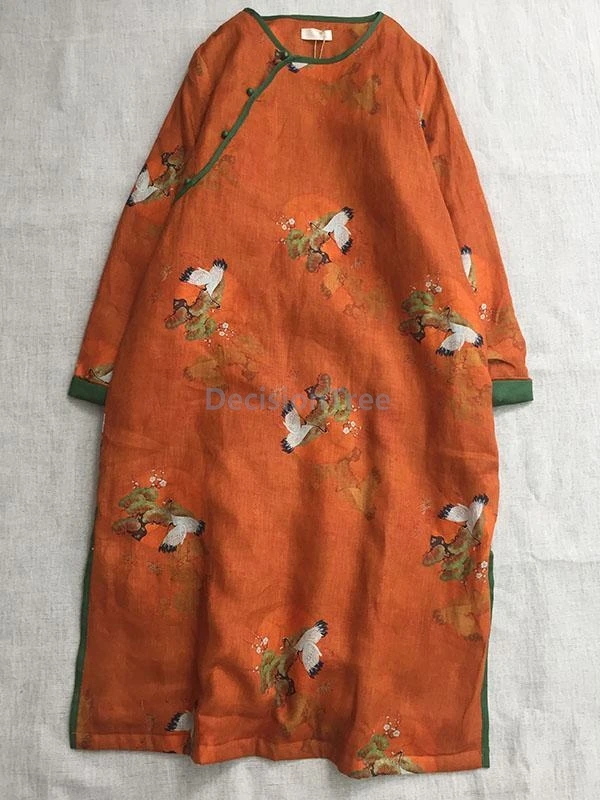 

2025 exquisite printed cotton linen qipao retro chinese style diagonal buckle thicken cotton dress elegant literature art qipao
