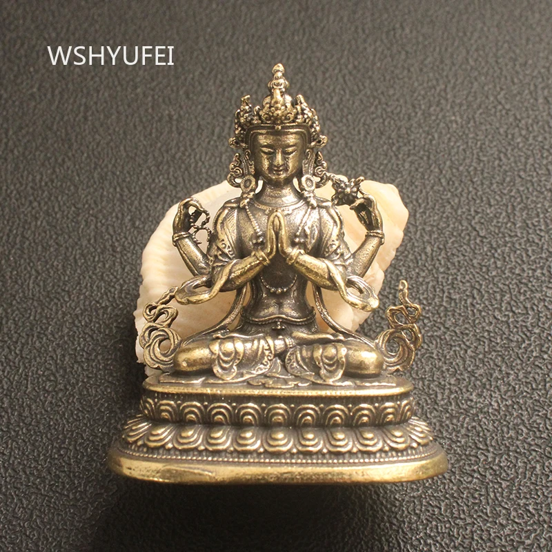 Pure Brass Four Arm Guanyin Ornament Decorative Desktop Crafts of Bodhisattva Buddha Statues Bronze Ware in The Buddhist Temple