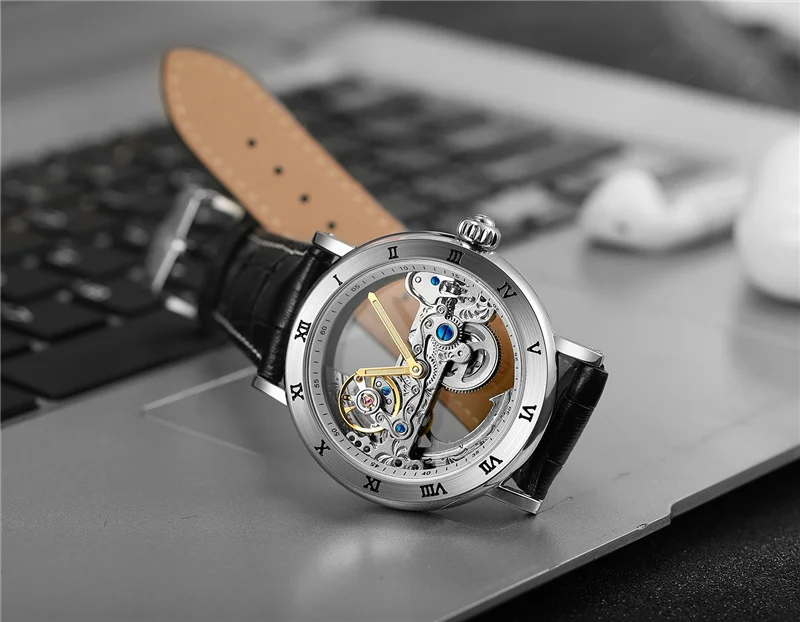 Forsining 208S ผู้ชายนาฬิกาแฟชั่นโครงกระดูกโปร่งใสหนังกันน้ําส่องสว่างนาฬิกาอัตโนมัติ