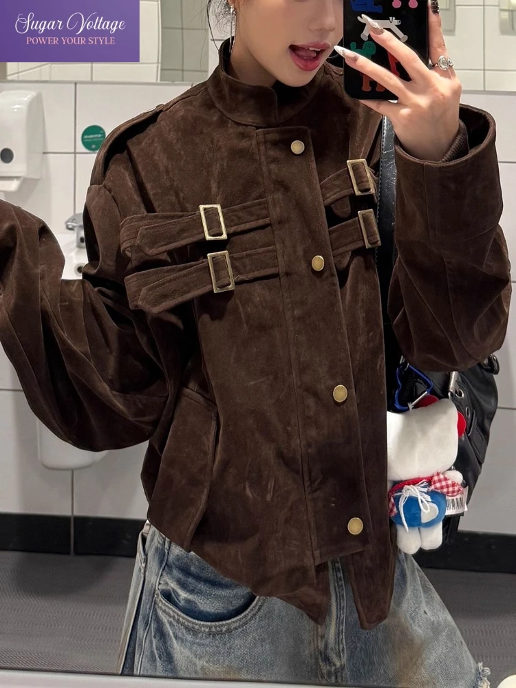 American Retro Casual Suede Patchwork Short Jacket Women Early Autumn Loose Brown Workwear Style Shoulder Buckle Design Coats