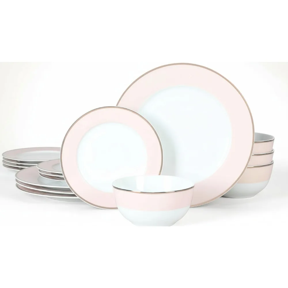 

Элегантный розовый фарфоровый набор столовой посуды с золотым ободком — устойчивый к сколам, сервис на 4 человека, идеально подходит для хостков