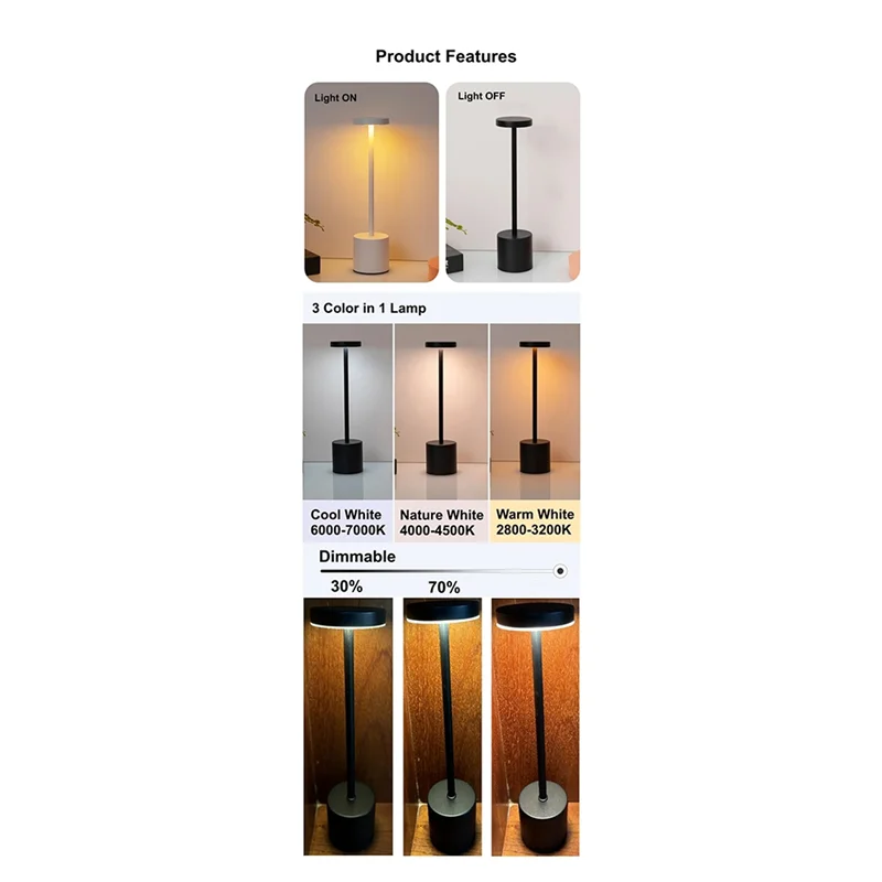 ABHU نوع C قابلة للشحن LED الجدول مصباح اللمس التبديل السرير ضوء الليل المحمولة 3 اللون لمبة مكتب لغرفة بار النادي