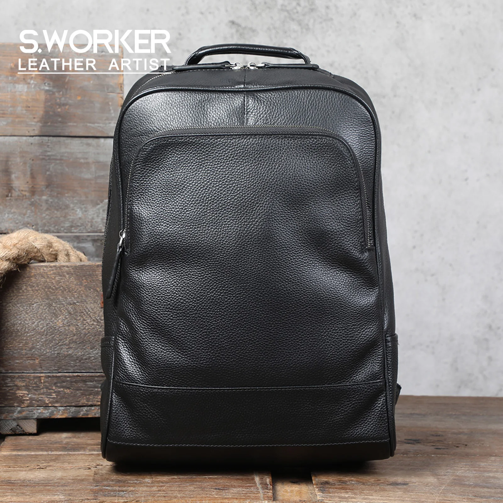 S.WORKER Großer Klassischer Echtleder-Tagesrucksack Geschenk für Männer Lässige Schultaschen Reise-Herrenrucksack – Detail 2