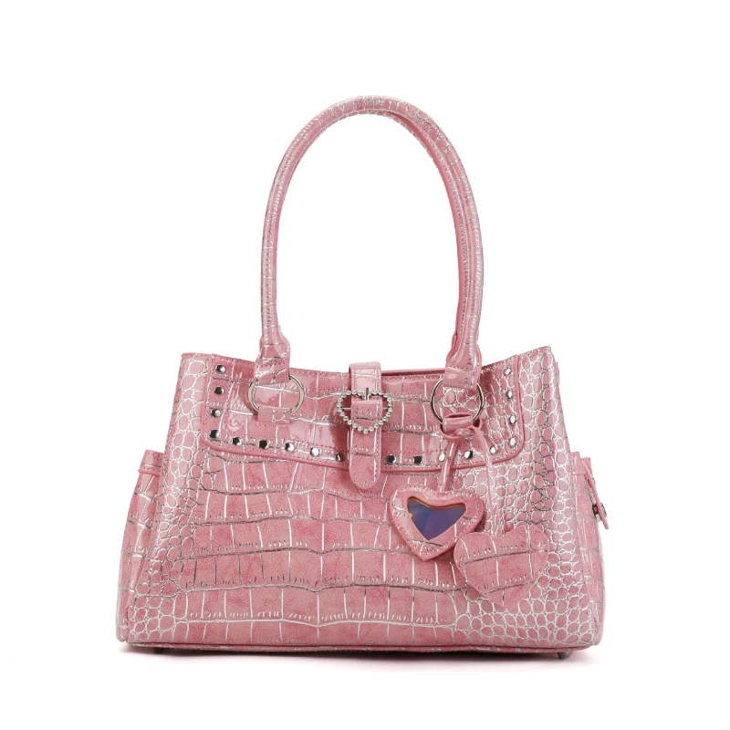 Umhängetasche mit Krokodilmuster und Prägung, Damenhandtasche mit großem Fassungsvermögen, Designer-Aktentasche, Y2k-Mädchen-Pendlermode-Handtasche, Rosa